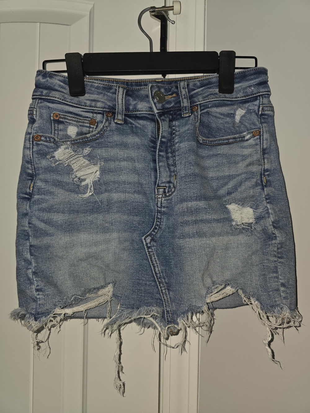 American Eagle Outfitters High Waisted Distressed Denim Mini Skirt- Size 2